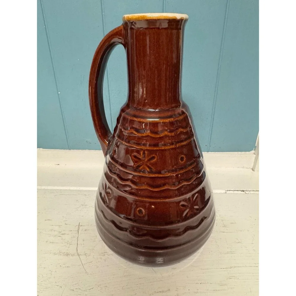 Vintage‎ Marcrest Pottery Brown Glazed Daisy Dot Pitcher Carafe Embossed Floral